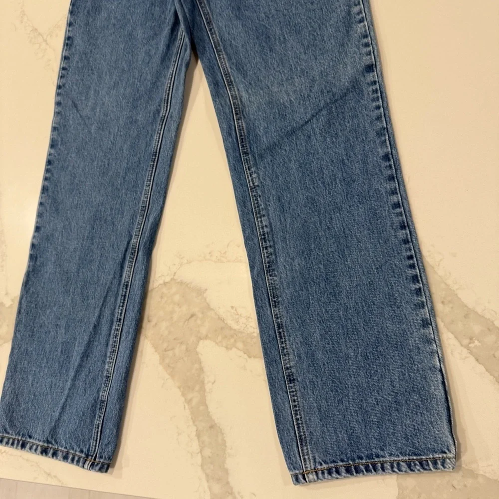 Princess Polly Holly Asymmetrical Straight Leg Denim Jean Womens 2 Mid Wash Blue